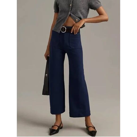 Anthropologie The Colette Contrast-Stitch Linen Crop Wide-Leg Pants by Maeve 29 - Picture 1 of 4